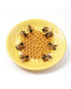 Pretty Honey Bees Around Bee Hive On Honeycomb Background Porcelain Decorative Plate (synthetic illustration; no displayed measurements)