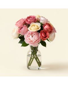 Peony Rose Mixed Floral Arrangement In Glass Vase (synthetic illustration; no displayed measurements)