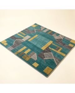 Ruby Dede Mid-Century Modern Geometric Teal Blue/Gray/Gold Area Rug (synthetic illustration; no displayed measurements)