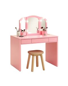 Vanity Beauty Station Makeup Table And Wooden Stool 3 Mirrors With Led Lights