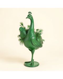 Standing Metal Peacock Statue (synthetic illustration; no displayed measurements)