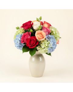 Roses And Hydrangea Floral Arrangements In Vase (synthetic illustration; no displayed measurements)