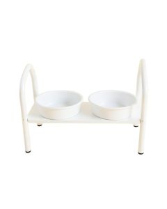 Ridge Bend Pet Feeding Stand With Two Plain Empty Bowls - White