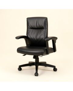 Black Leather Chair With Padded Arms (synthetic illustration; no displayed measurements)