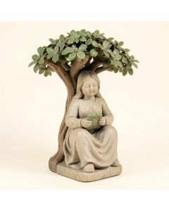 Sentimental Stone Solar Girl Reading Under A Tree Statue (synthetic illustration; no displayed measurements)