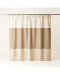 Spruce Branch Shower Curtain Hanging Flat From A Plain Rod - Beige (synthetic illustration; no displayed measurements)