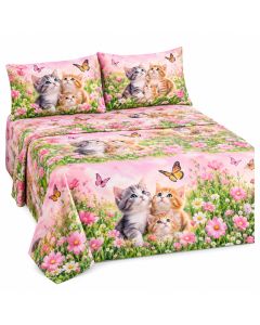 Kittens In Flower Meadow Field Happy Cats Family With Butterfly Kids Cartoon Sheet Set