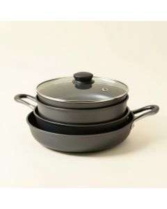 Lloydpans Kitchenware 3 Piece Non-Stick Skillet Set With Lid (synthetic illustration; no displayed measurements)