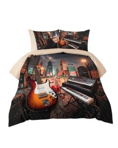 Music Bass Guitar Keyboard Urban Rock Backdrop Rhythm Of City Illustration Duvet Cover Set (synthetic illustration; no displayed measurements)
