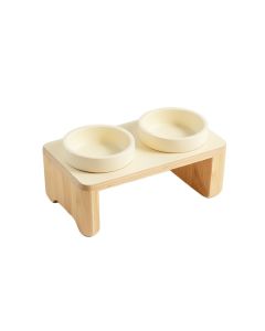 Pine Edge Pet Feeding Stand With Two Plain Empty Bowls - Cream
