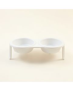 Dawn Arc Pet Feeding Stand With Two Plain Empty Bowls (synthetic illustration; no displayed measurements)