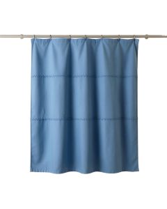 Cedar Dell Shower Curtain Hanging Flat From A Plain Rod - Blue