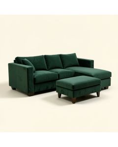 Dilbagh Velvet Sofa & Chaise With Ottoman (synthetic illustration; no displayed measurements)