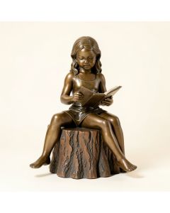 Alancia Girl Sitting On A Tree Stump , Reading Bronze Statue (synthetic illustration; no displayed measurements)