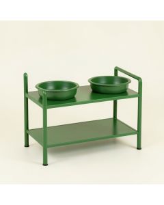 Pine Arc Pet Feeding Stand With Two Plain Empty Bowls (synthetic illustration; no displayed measurements)