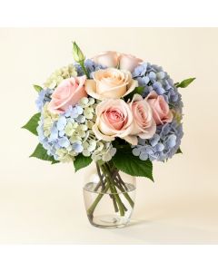 Silk Roses And Hydrangea Floral Arrangement In Glass Vase (synthetic illustration; no displayed measurements)