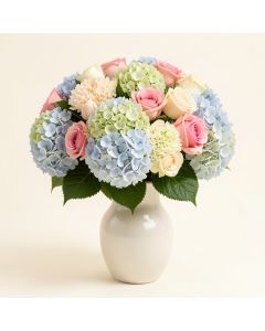 Hydrangeas And Roses Floral Arrangement In Vase (synthetic illustration; no displayed measurements)
