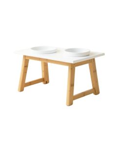 Cedar Branch Pet Feeding Stand With Two Plain Empty Bowls - White (synthetic illustration; no displayed measurements)