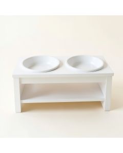 Oak Canyon Pet Feeding Stand With Two Plain Empty Bowls - White (synthetic illustration; no displayed measurements)