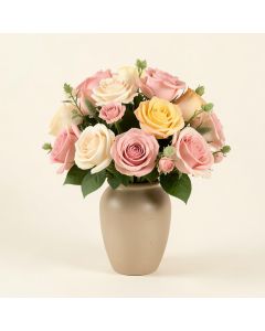 Faux Roses Floral Arrangements And Centerpiece In Vase (synthetic illustration; no displayed measurements)