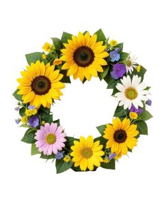 Sunflower , Primrose And Daisy 13 '' Polyester Wreath (synthetic illustration; no displayed measurements)