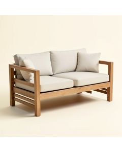 Eleanor Teak Patio Sofa With Cushions (synthetic illustration; no displayed measurements)