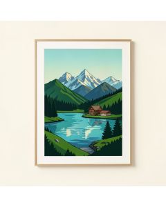 Paint By Number Mountain Cabin & Lake - Graphic Art Print On Paper (synthetic illustration; no displayed measurements)