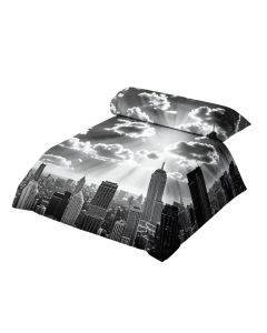 Urban Dramatic New York City Skyline Sun Beams Clouds Skyscrapers Monochrome Landscape (synthetic illustration; no displayed measurements)