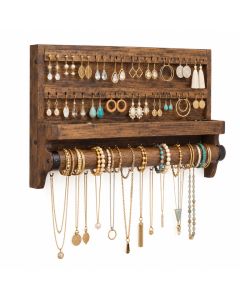 Rustic Jewelry Organizer With Bracelet Rod Wall Mounted - Wooden Wall Mount Holder For Earrings