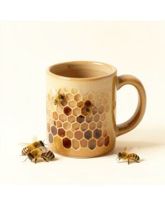 Pretty Honey Bees Around Bee Hive On Honeycomb Background Coffee Mug (synthetic illustration; no displayed measurements)