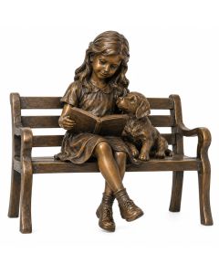 Young Girl With Her Puppy On Bench Reading Statue