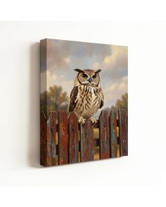 Owl On Rusty Fence Painting Print On Wrapped Canvas (synthetic illustration; no displayed measurements)