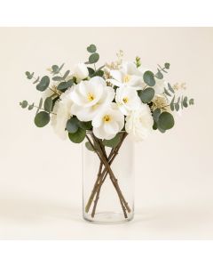 Real Touch White Magnolia & Eucalyptus Arrangement In Glass Cylinder Vase (synthetic illustration; no displayed measurements)