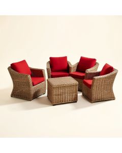 August Grove® 3Pcs Rattan Wicker Patio Conversation Set Outdoor Furniture Set W/ Red Cushion (synthetic illustration; no displayed measurements)