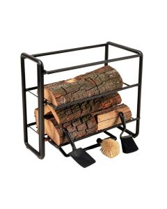Fireplace Log Holder 2 Layer Iron Fire Wood Rack With 4 Firepit Tools Set - Brush (synthetic illustration; no displayed measurements)