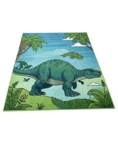 Weranna Dinosaur Dino Safari Road Map Educational Learning Green/Blue Indoor/Outdoor Rug