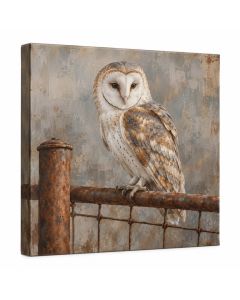Owl On Rusty Fence Painting Print On Wrapped Canvas