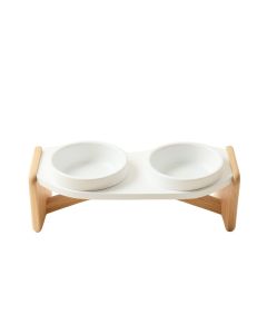 Olive Edge Pet Feeding Stand With Two Plain Empty Bowls - White