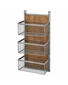 Wood And Metal Wall Organizer With 3 Mesh Baskets , Silver And Brown