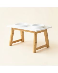 Cedar Branch Pet Feeding Stand With Two Plain Empty Bowls - White (synthetic illustration; no displayed measurements)