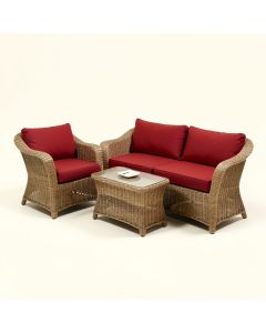 Winston Porter 3Pcs Patio Wicker Rattan Conversation Set Outdoor Furniture Set W/ Red Cushion (synthetic illustration; no displayed measurements)