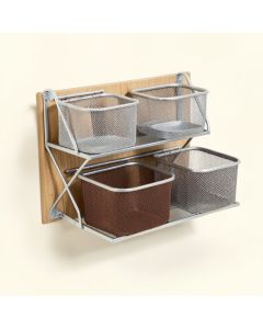 Wood And Metal Wall Organizer With 3 Mesh Baskets , Silver And Brown (synthetic illustration; no displayed measurements)