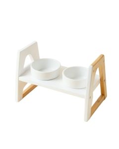 Sage Branch Pet Feeding Stand With Two Plain Empty Bowls - White