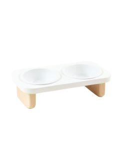 Stone Bridge Pet Feeding Stand With Two Plain Empty Bowls - White