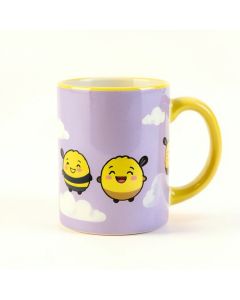Backus Bee Be Happy Three Cute Bumble Bees With Clouds Background Coffee Mug (synthetic illustration; no displayed measurements)