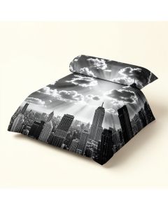 Urban Dramatic New York City Skyline Sun Beams Clouds Skyscrapers Monochrome Landscape (synthetic illustration; no displayed measurements)