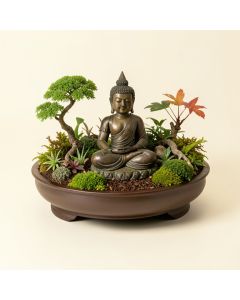 Desktop Zen Garden With Thai Buddha Figurine (synthetic illustration; no displayed measurements)