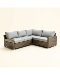 Kamree 85.4 Wide Outdoor Wicker Patio Sectional With Cushions (synthetic illustration; no displayed measurements)