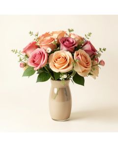 Champagne Roses Floral Arrangements And Centerpieces In Vase (synthetic illustration; no displayed measurements)