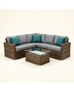 Newagen 4-Piece Outdoor Furniture Set Mottlewood Brown Wicker Sofa W Warm Gray Cushions (synthetic illustration; no displayed measurements)